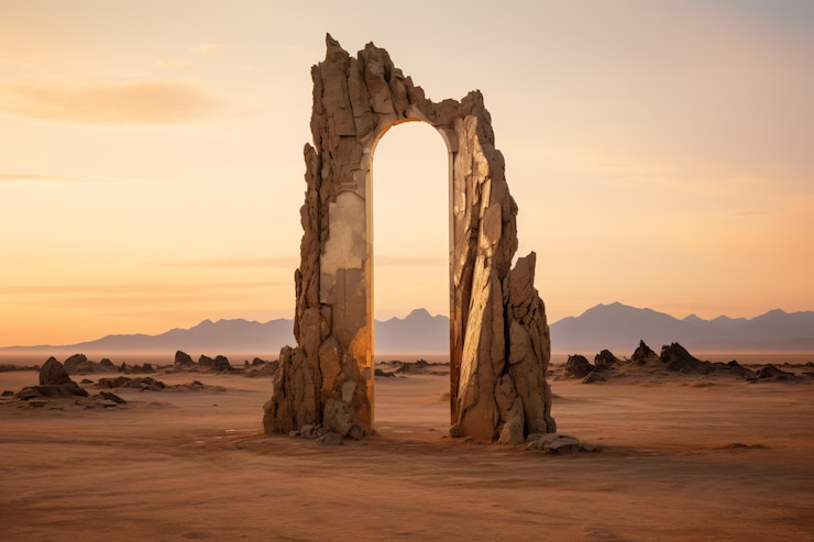 Foto gratuito porta o portale in stile fantasy con paesaggio desertico