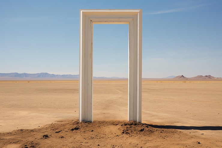 Foto gratuito porta o portale in stile fantasy con paesaggio desertico.