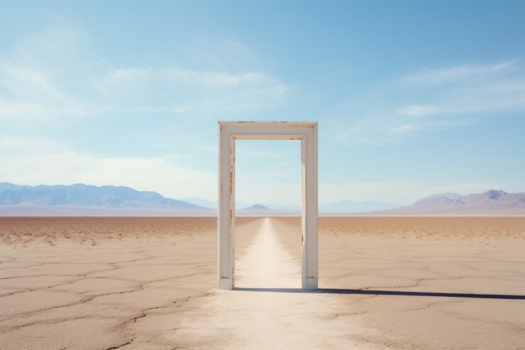 Foto gratuito porta o portale in stile fantasy con paesaggio desertico.