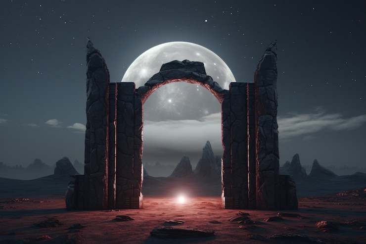 Foto gratuito porta o portale in stile fantasy con paesaggio desertico