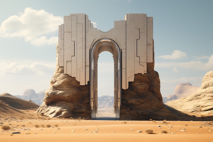 Foto gratuito porta o portale in stile fantasy con paesaggio desertico.
