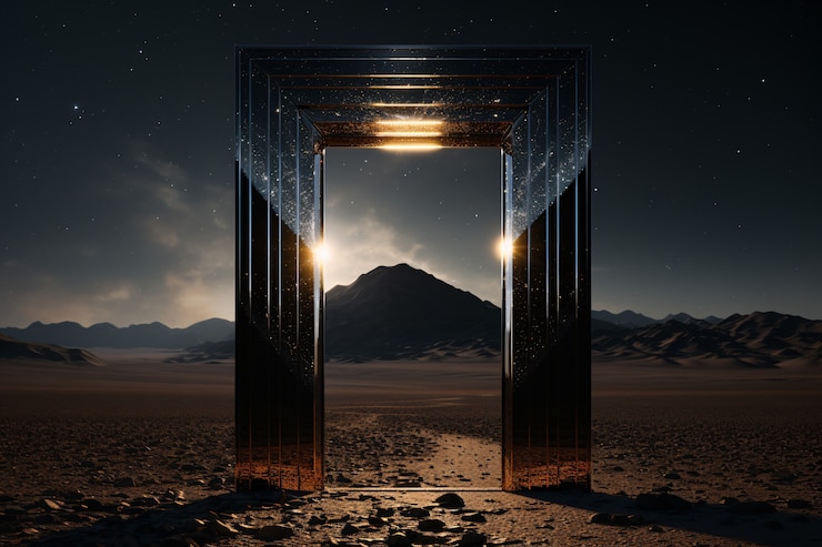 Foto gratuito porta o portale in stile fantasy con paesaggio desertico.