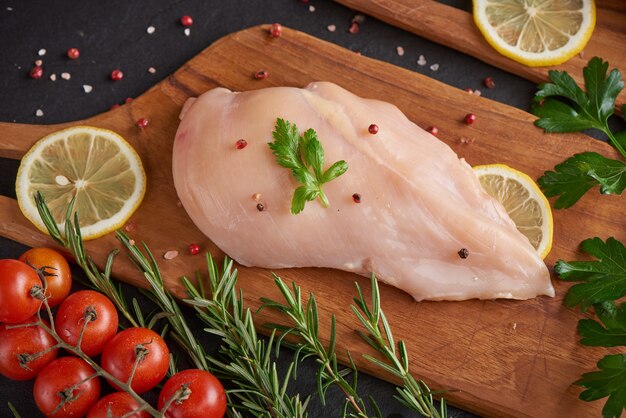 porzioni fresche di carne di pollo per cucinare e grigliare con condimento fresco. Coscia di pollo cruda cruda sul tagliere.