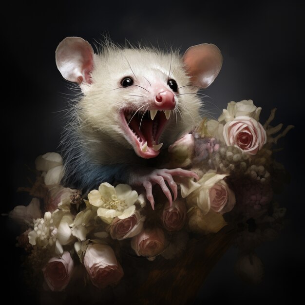 Possum con fiori in studio