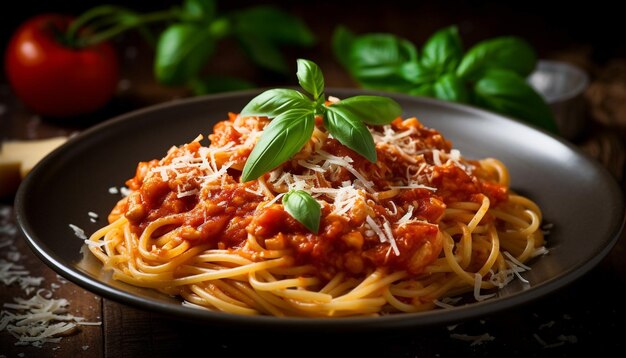 Pranzo salutare pasta vegetariana con pomodoro fresco generato da AI