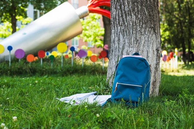 Prato in parco con zaino studentesco