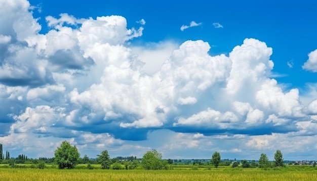 Prato verde vibrante sotto il cielo blu chiaro in una giornata di sole generata dall'intelligenza artificiale