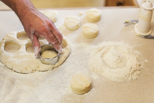 Preparazione del concetto di pressatura della pasta della focaccina al latte