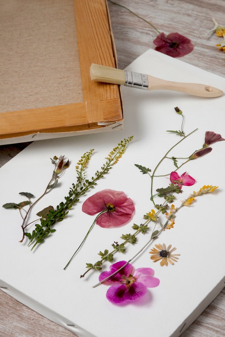 Foto gratuito pressa per fiori ad alto angolo con tela