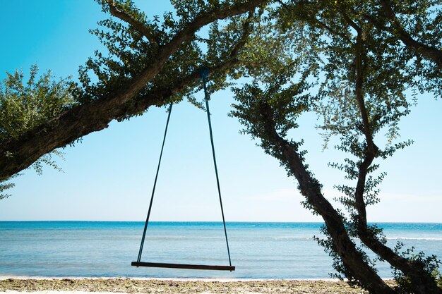 Primo piano corda vecchia e stagionata e altalena in legno sulla spiaggia e mare blu GIli Trawangan