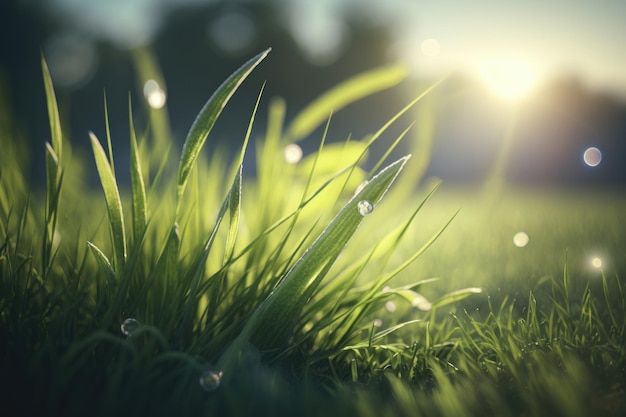 Primo piano del campo della natura dell'erba verde retroilluminato dalla luce solare dorata con i raggi del sole Erba naturale primaverile con gocce d'acqua su sfondo bokeh sfocato