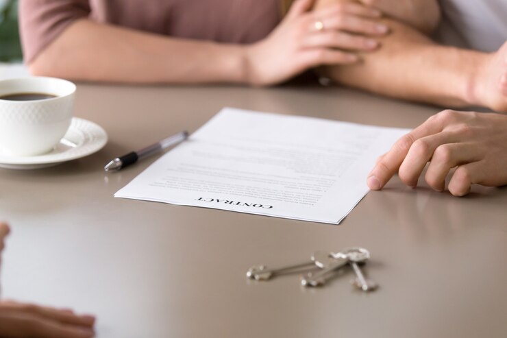 Foto gratuito primo piano del contratto sul tavolo, coppia prendendo mutuo ipotecario