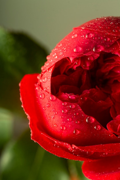 Primo piano del fiore rosso con gocce d'acqua