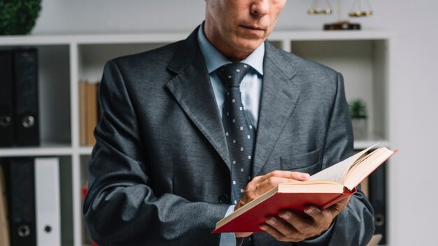 Primo piano del libro di lettura dell&#39;avvocato nell&#39;aula di tribunale