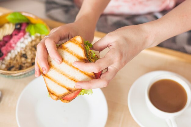 Primo piano del panino della holding della mano della donna