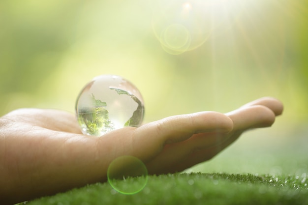 Primo piano del pianeta verde nelle tue mani. Salva la Terra.