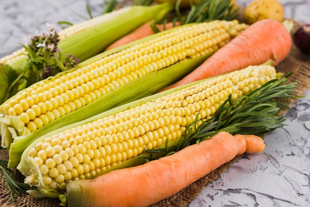 Primo piano del raccolto della carota e del mais