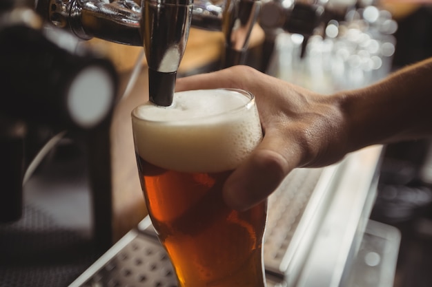 Primo piano della birra di riempimento tenera della barra dalla pompa della barra