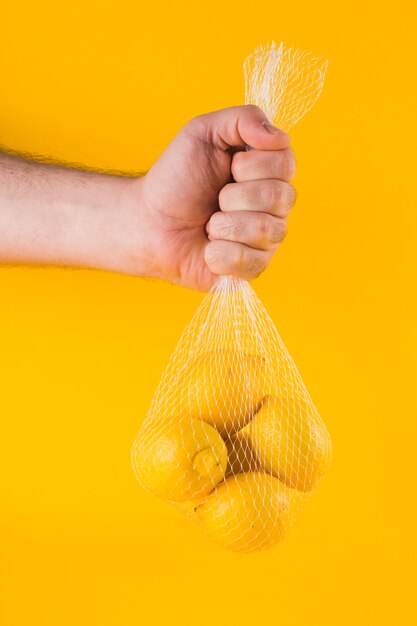 Primo piano della mano di un uomo che tiene i limoni maturi in rete su sfondo giallo
