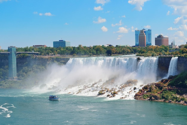 Primo piano delle cascate del Niagara nel corso della giornata sul fiume con rocce e barca