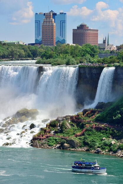 Primo piano delle cascate del Niagara nel corso della giornata sul fiume con rocce e barca