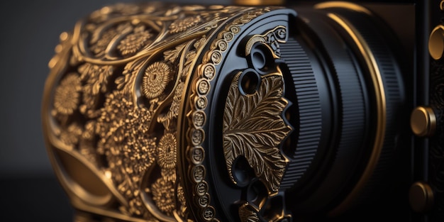 Primo piano dettagliato antico surreale vecchia macchina fotografica d'oro di lusso ai generativa