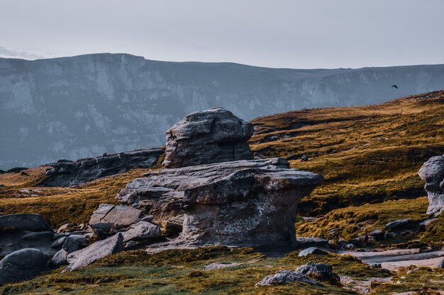 Primo piano di rocce su un paesaggio collinare