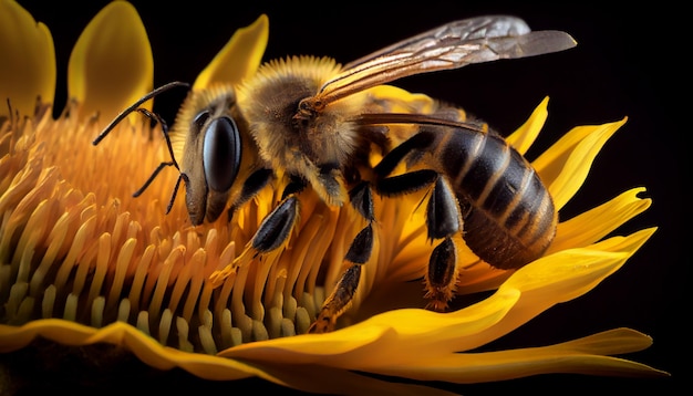Primo piano di un'ape gialla che impollina l'IA generativa