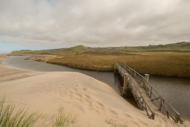 Primo piano di un ponte di legno sulla duna di sabbia con una giornata nuvolosa