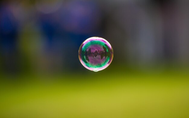 Primo piano di una bolla di sapone galleggiante su uno sfondo sfocato della natura
