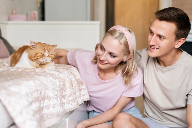 Primo piano di una coppia che accarezza un gatto