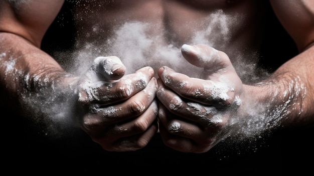 Primo piano di una persona che usa la polvere sulle mani durante l'allenamento di ginnastica