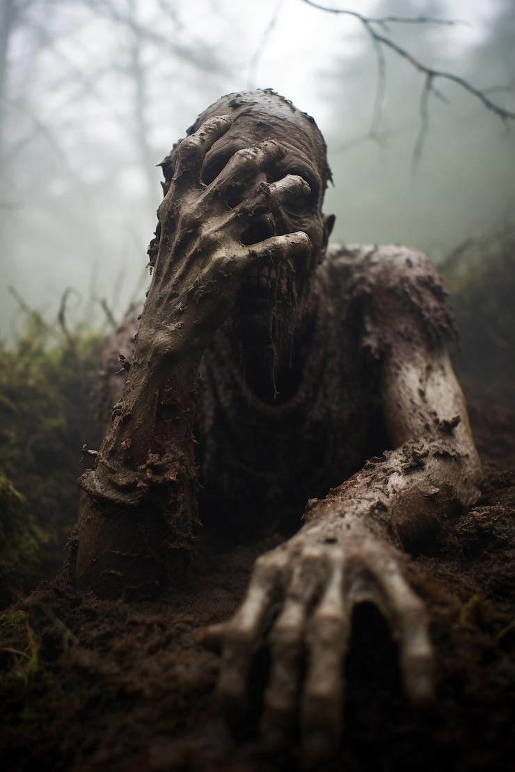 Foto gratuito primo piano di uno zombie che esce dalla terra
