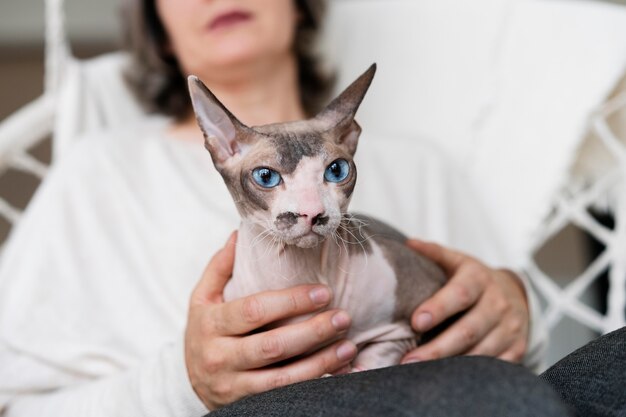 Primo piano sfocato donna che tiene gatto