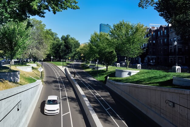 Primo piano su strada urbana con una macchina e vegetazione