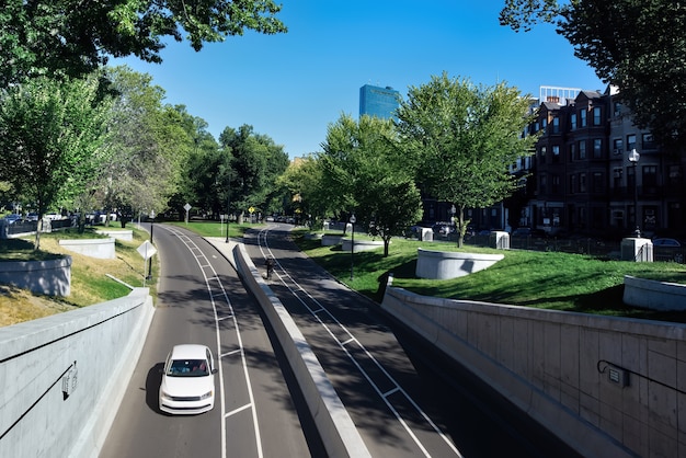 Primo piano su strada urbana con una macchina e vegetazione