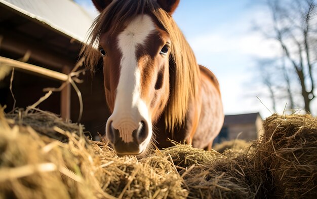 primo piano sul cavallo che mangia fieno