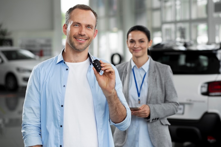 Foto gratuito primo piano sul cliente con un uomo d'affari in una concessionaria d'auto