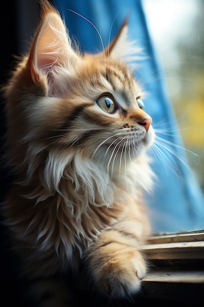 Primo piano sul gattino che guarda la finestra