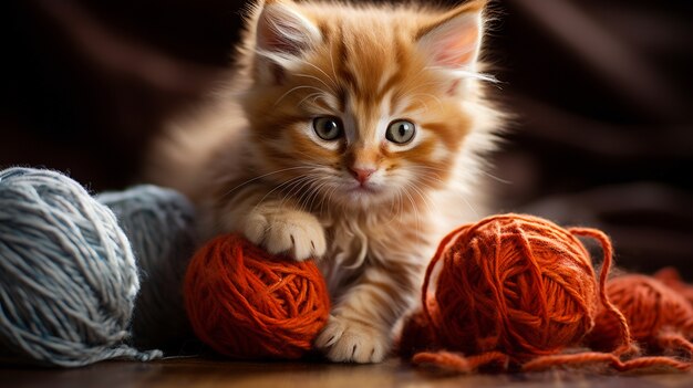 Primo piano sul gattino con gomitoli di lana
