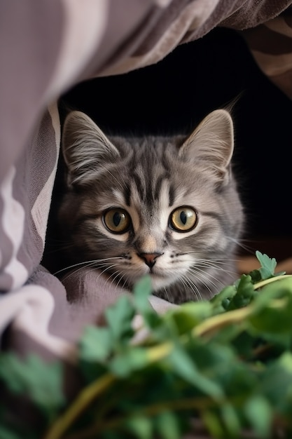 Primo piano sul gattino in una coperta