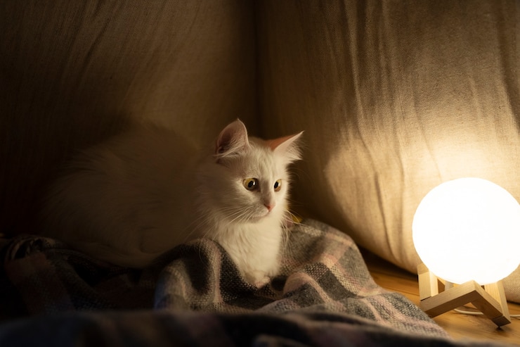Foto gratuito primo piano sul gatto vicino alla lampadina