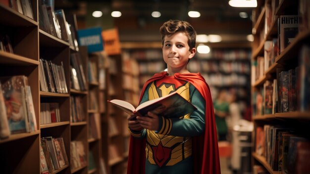 Primo piano sul ragazzo del supereroe in biblioteca