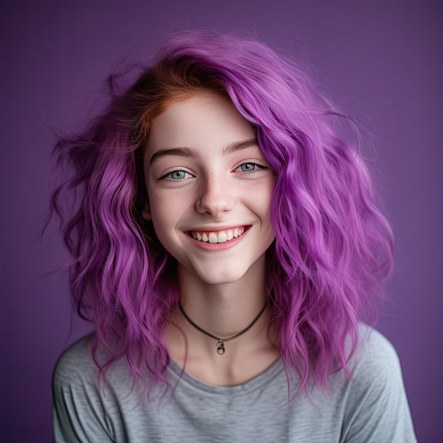 Primo piano sul ritratto di una bella ragazza con i capelli viola