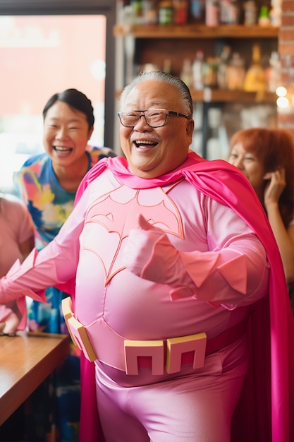Primo piano sul supereroe in costume rosa