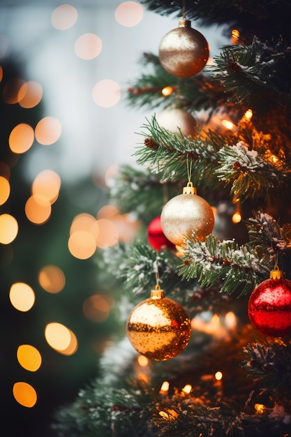 Primo piano sull'albero di Natale splendidamente decorato