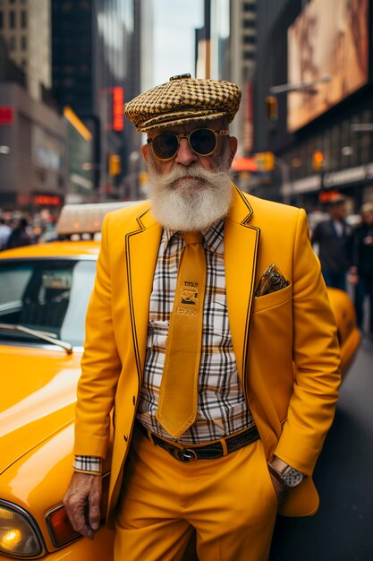 Primo piano sull'uomo alla moda di New York con il costume giallo