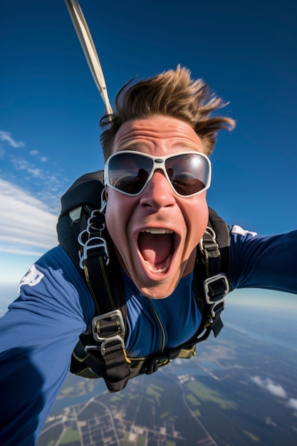 Primo piano sull'uomo che sorride mentre fa bungee jumping