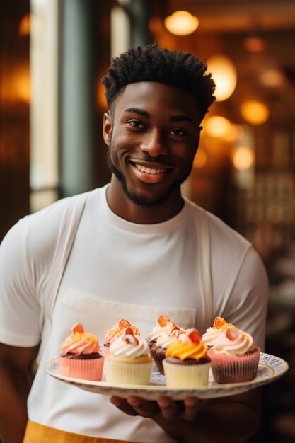 Primo piano sull'uomo con deliziosi cupcakes