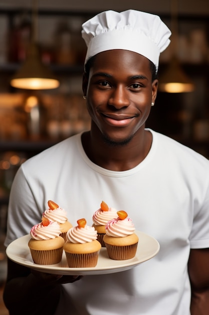 Primo piano sull'uomo con deliziosi cupcakes